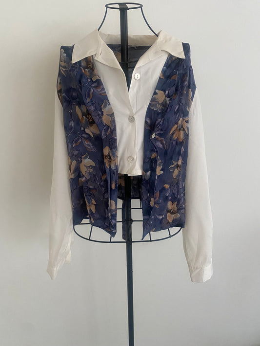cropped white button up w/ attached floral vest